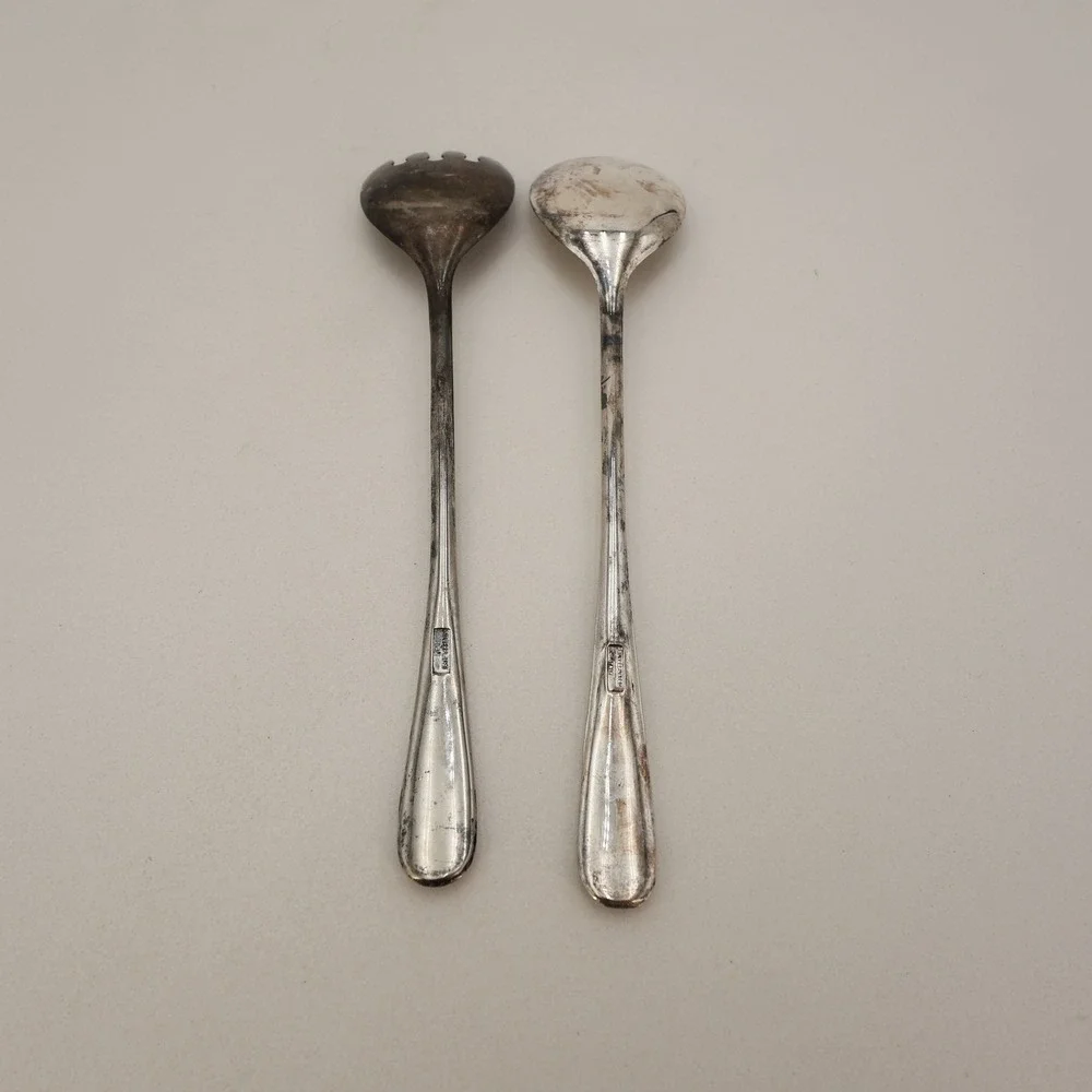 Vintage Silver Plated Italy Salad Servers Spoon and Fork Set Tarnish Patina 9